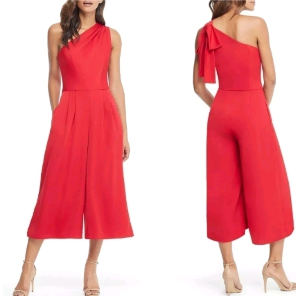 Gal Meets Glam Carmen Jumpsuit Red Bow One Shoulder Preppy Flowy Formal sz 00